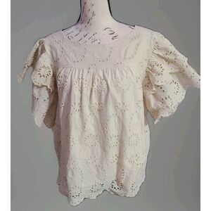 7 For All Mankind Large Eyelet Embroidered Cotton Boho Peasant Blouse‎ Beige Top